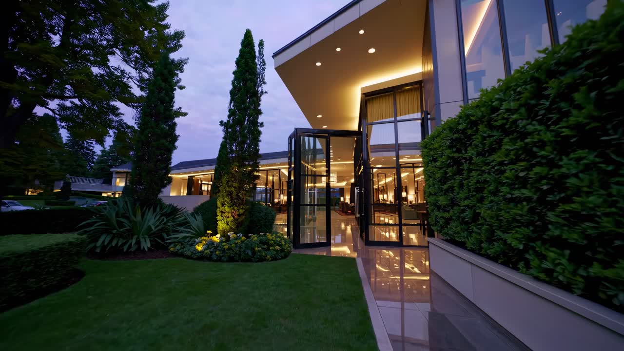 Wide-angle video shot of a modern house exterior at dusk, showcasing sleek architecture and lush