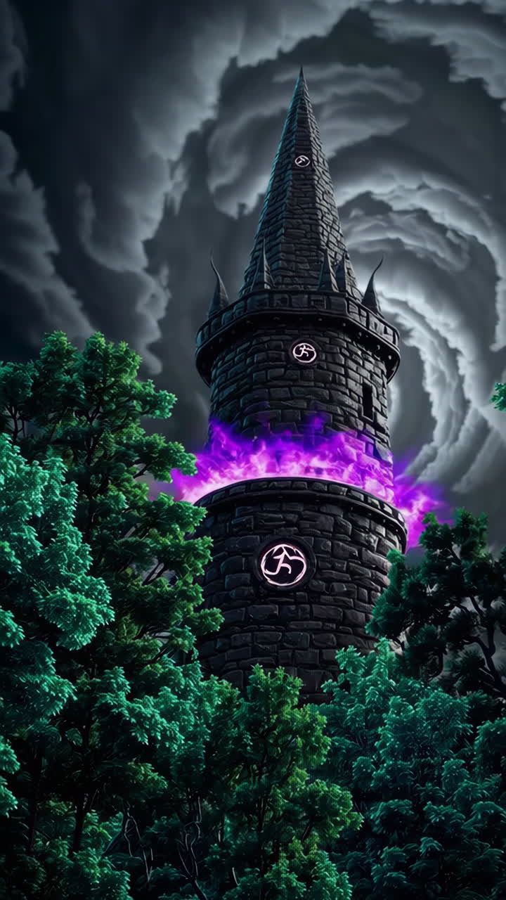 Enchanted Dark Tower in a Stormy Forest