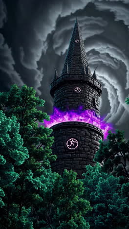 enchanted dark tower in a stormy forest