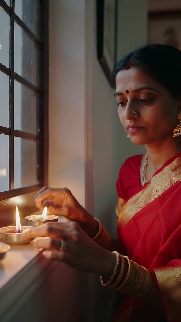 Video verticale: Donna indiana illuminata in sari con braccialetti che tiene una diya accesa e posiziona delle diyas alla finestra