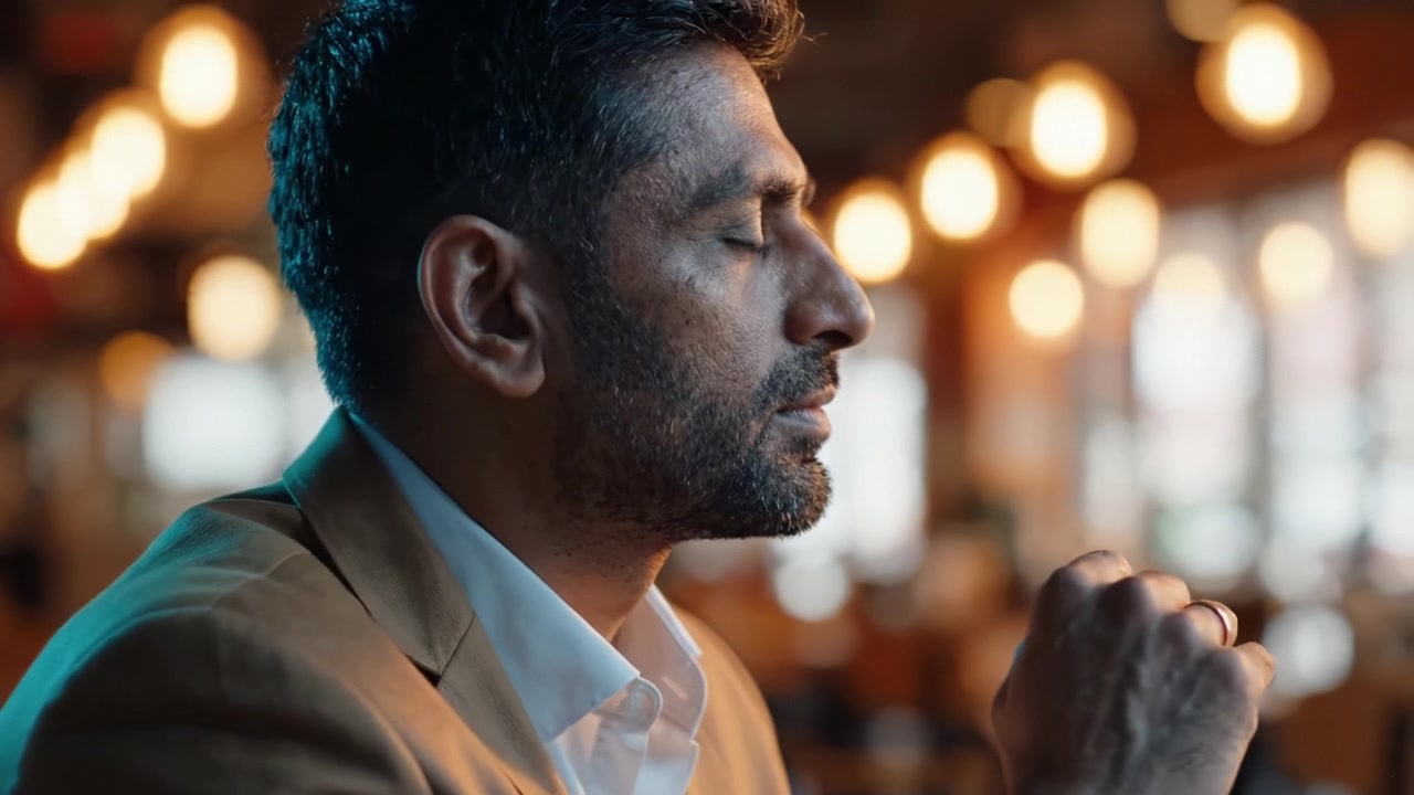 A reflective moment captured in warm, ambient light, showcasing a man's contemplative expression and deep thoughts in a cozy, bustling environment.