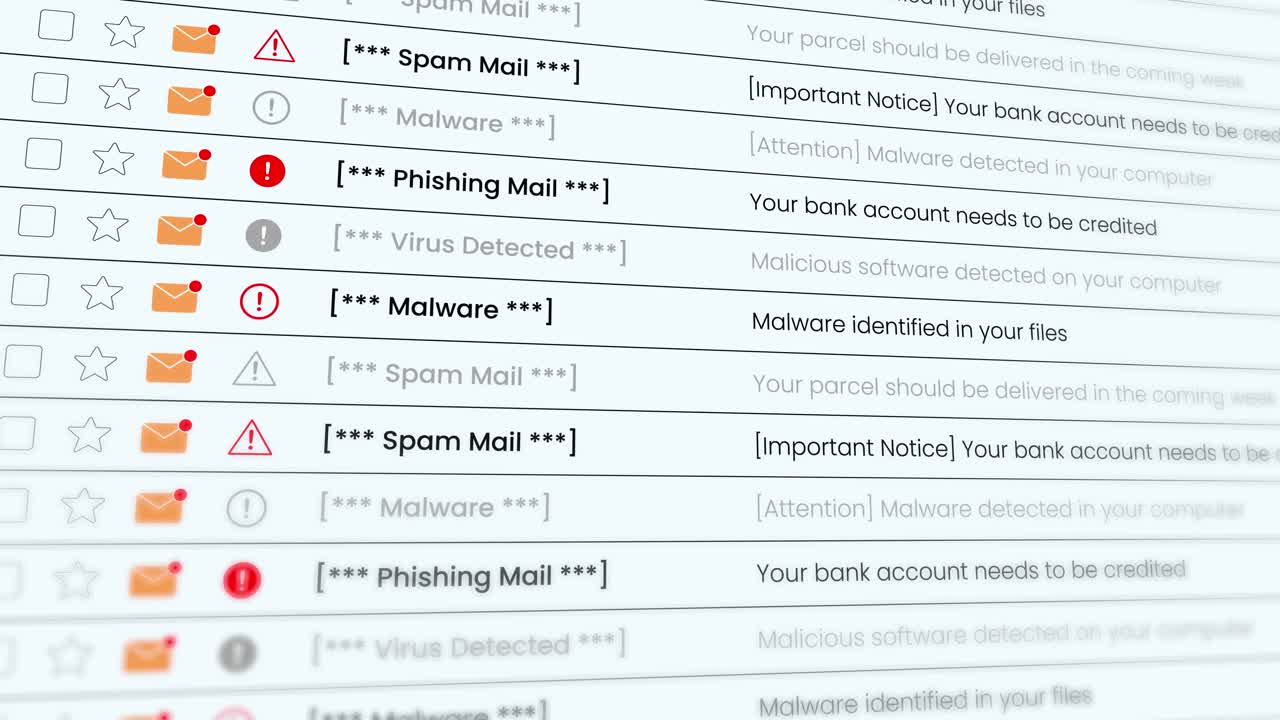 Email Inbox with Phishing, Spam, and Malware Warnings