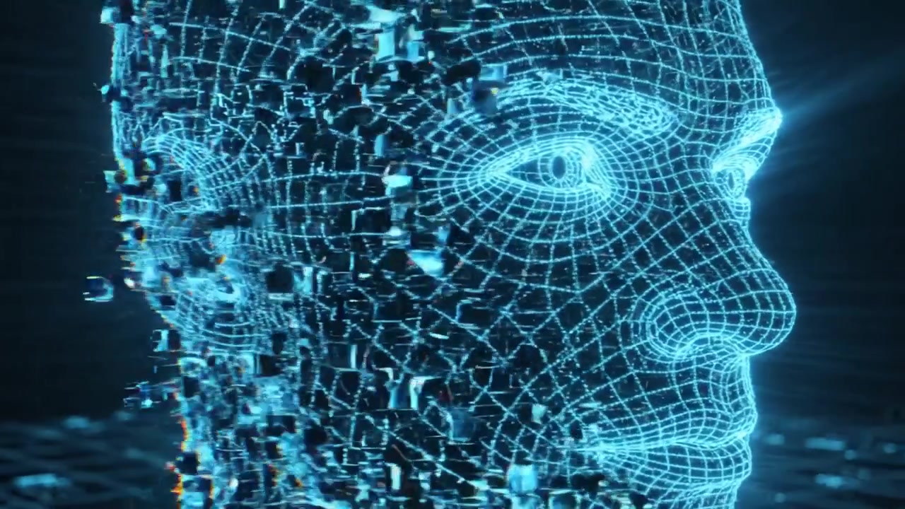 A Detailed Visualization of a Futuristic Digital Head Model, Showcasing Wireframe Geometry Against a High-Tech Background for Enhanced Realism and Depth.