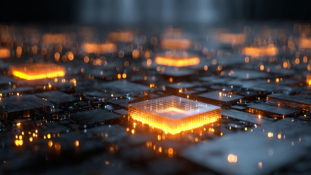 Luminous central computer processor activating on a circuit board, transmitting digital information through a futuristic motherboard with glowing orange electrons and integrated signals