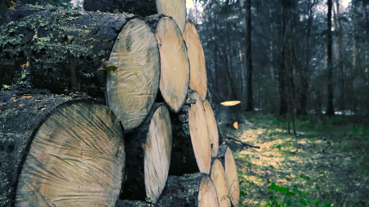 Gorgeous footage of big, large cut timber or tree logs with moss in a pile after them being cut with a chainsaw in a winter or late autumn forest during day time. Sawdust and wood chips are on ground.