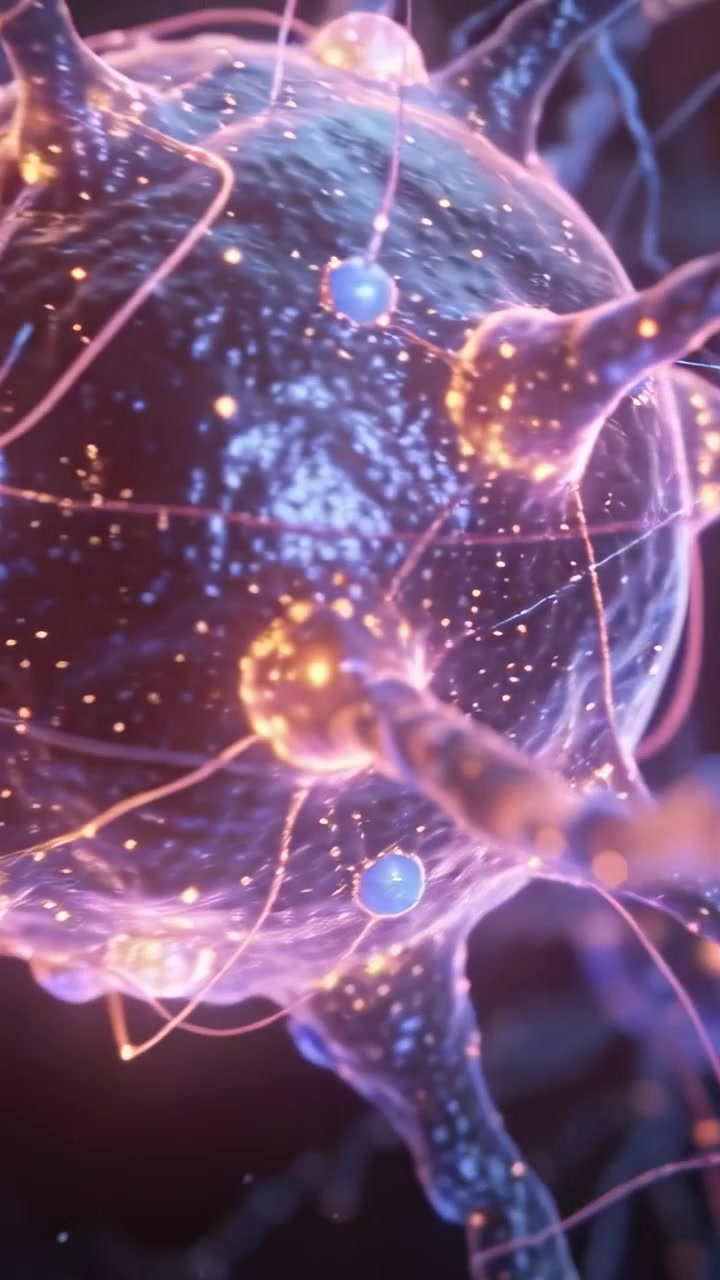 Vertical video: Rotating camera circling neuron soma in bluish space, showing pulses along branches
