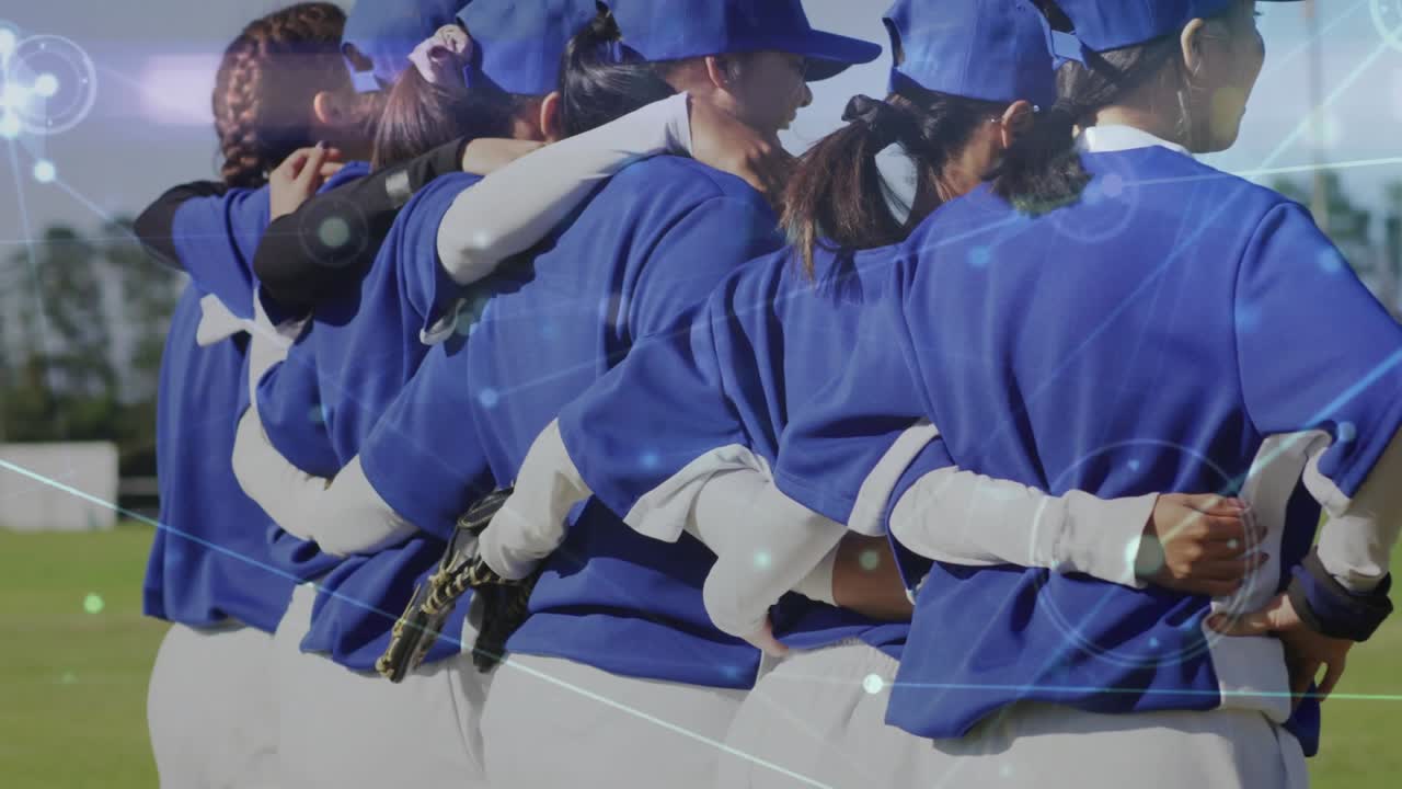 Softball team linking arms in huddle on coach signal, preparing positions with technology overlay