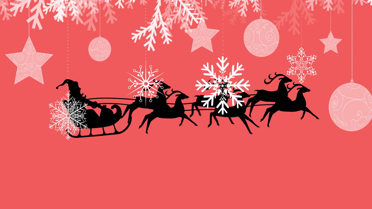 animación de santa claus en trineo con renos sobre la nieve cayendo sobre un fondo rojo