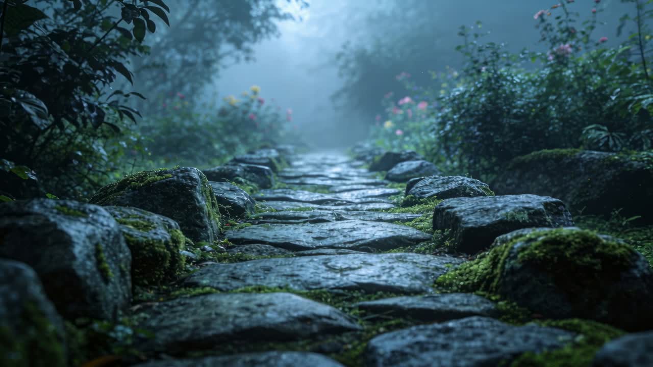 Moving camera advancing along mossy stone path in garden, revealing mist, dewy stones and blooms