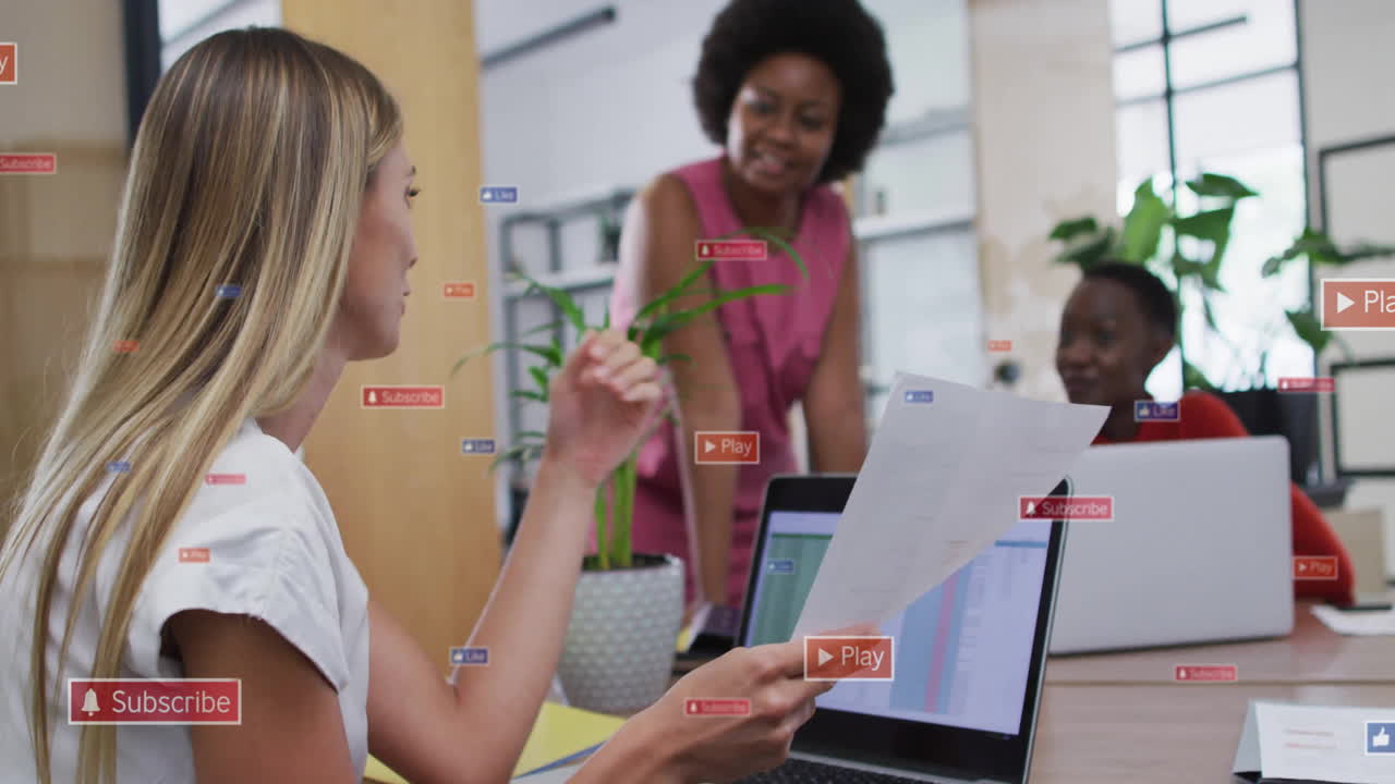 Animation of multiple notification bars over diverse female coworkers discussing reports on desk