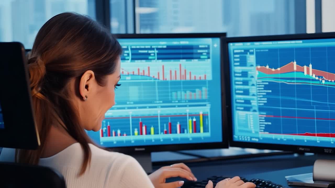 mujer analizando datos financieros en pantallas de computadora