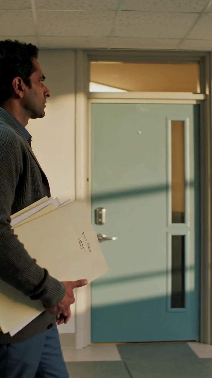 Vertical video: Carrying manila folders to lockers, man in gray jacket walking down office corridor