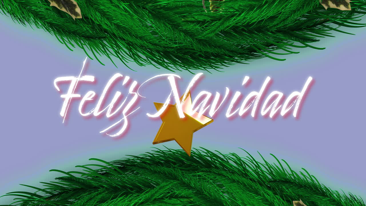 animación de texto de feliz navidad sobre ramas de abeto de navidad en fondo azul