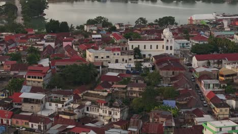 zoomed in shot of isla de flores guatemala sunrise, aerial