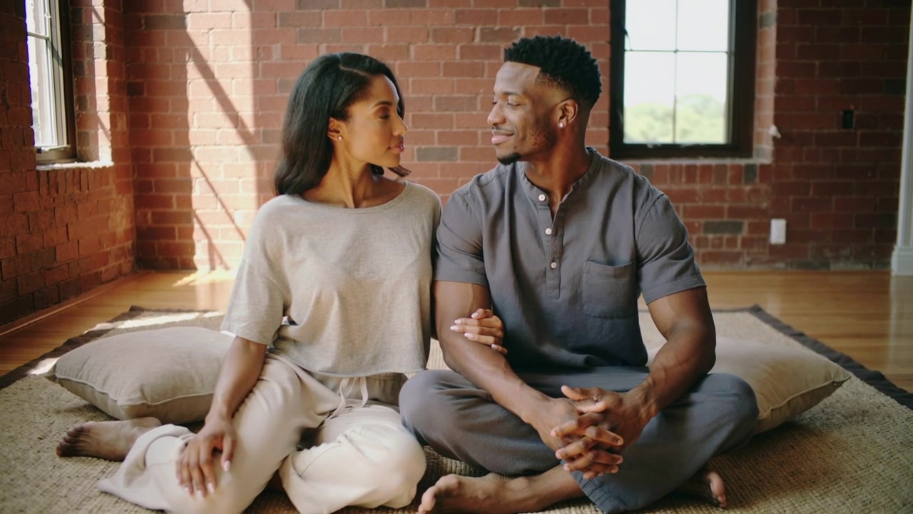 Turning woman in loungewear placing hand on man in henley on rug in loft, smiling, connecting
