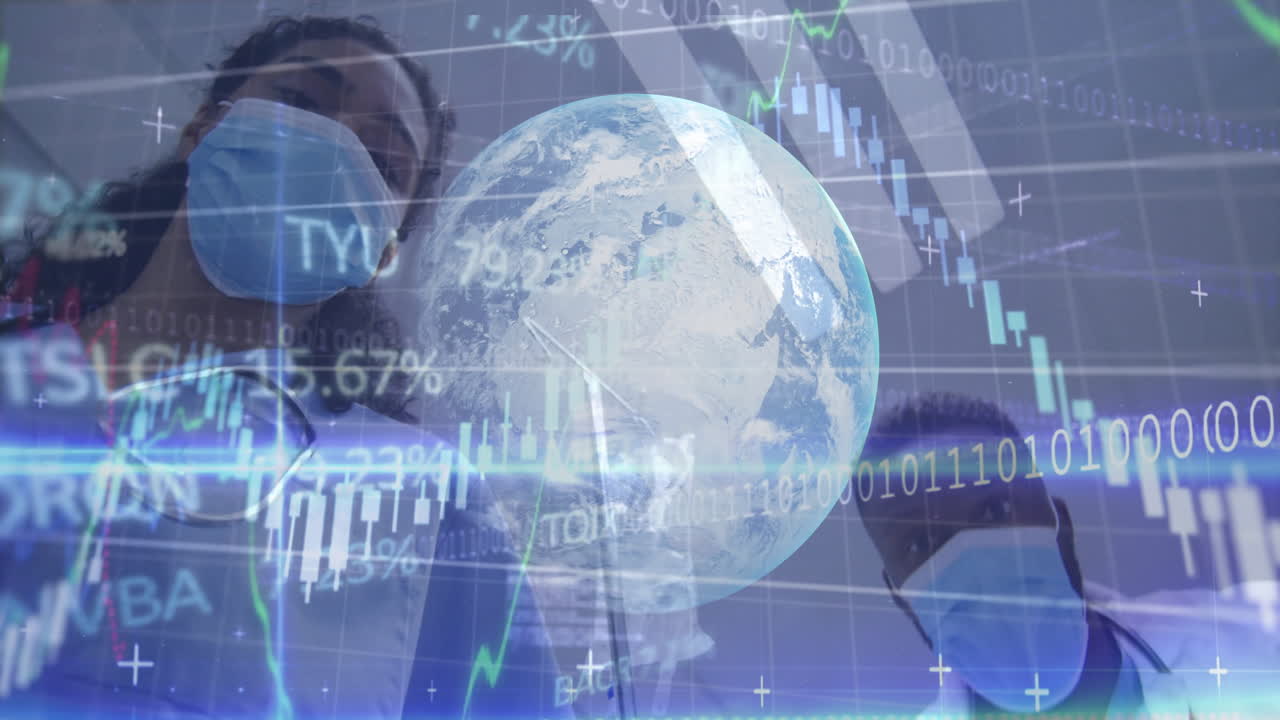 In school, animation of stock market data overlaying healthcare professionals wearing masks