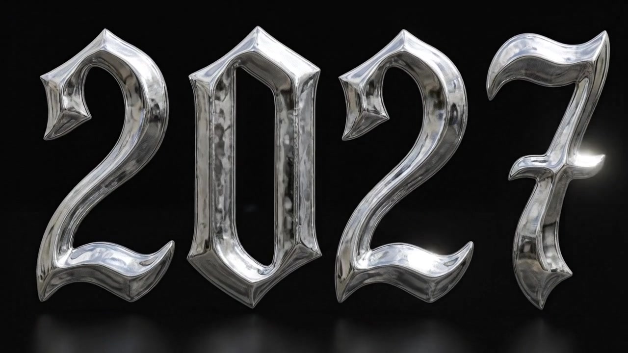 Animerat silverfärgat nyårsnummer 2027 med gotisk typografi på mörk bakgrund