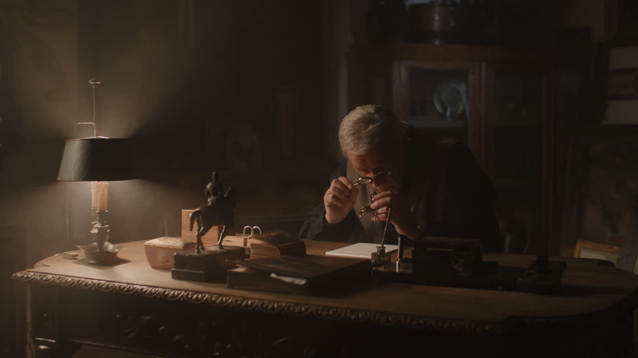 Older passionate man evaluates an old silver skull watch in his office at night