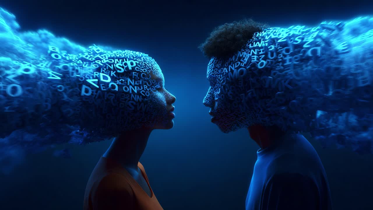 Two figures face each other, their heads surrounded by a swirling cloud of glowing letters and numbers, symbolizing the connection between knowledge and human interaction in a digital age