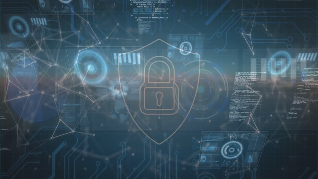 animación del procesamiento de datos y el candado de seguridad sobre fondo azul