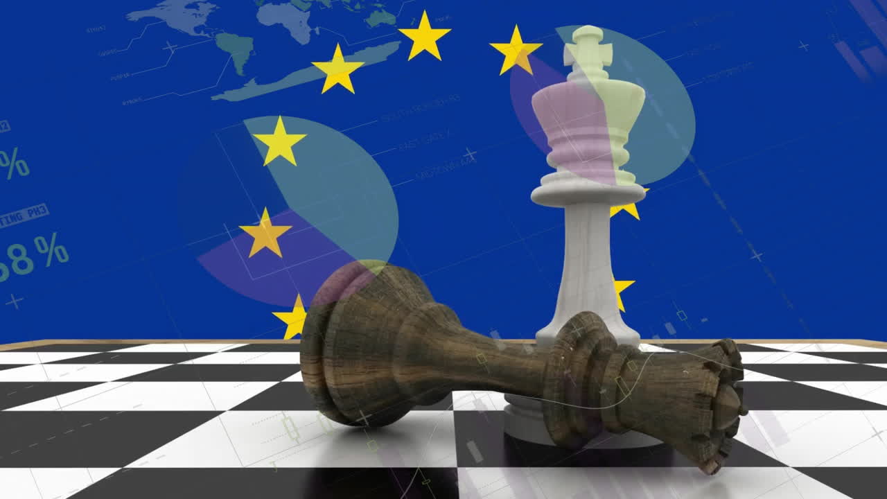 Taloudellisen datan käsittelyn ja Euroopan unionin lipun animaatio shakkilaudan päällä