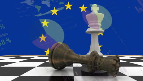 animación del procesamiento de datos financieros y bandera de la unión europea sobre el tablero de ajedrez