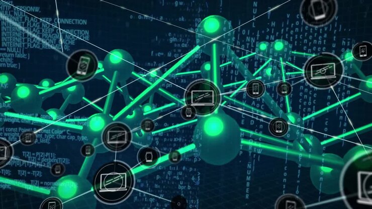 On transaction arrival, blockchain network visualizing data flow with glowing nodes pulsing