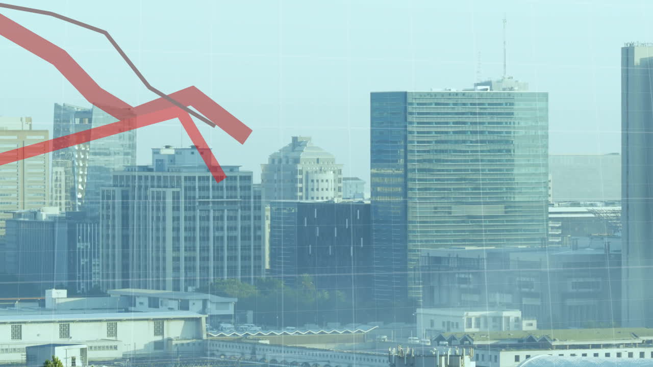 빨간 선의 애니메이션과 건물에 대한 금융 데이터 처리