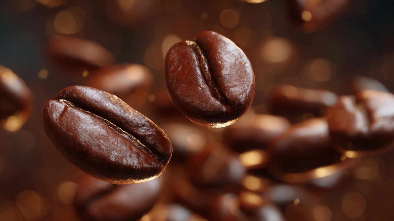 Svævende kaffebønner mod en glitrende baggrund, der fremhæver rigdommen og smagen af friskristede Arabica-kaffebønner, der svæver i luften.