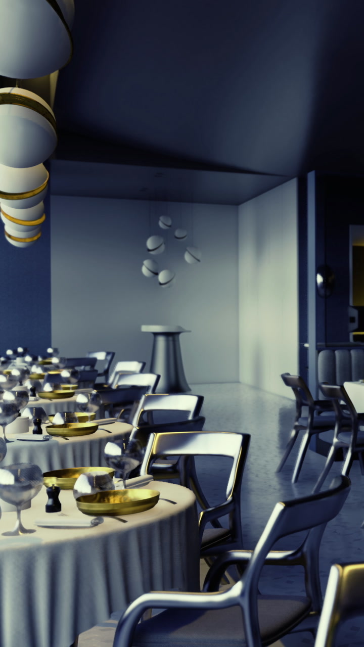 Elegant dining area with tables set for guests in evening hours