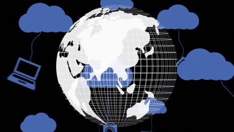 Animation-Von-Wolken-Und-Symbolen-über-Dem-Globus-Auf-Schwarzem-Hintergrund