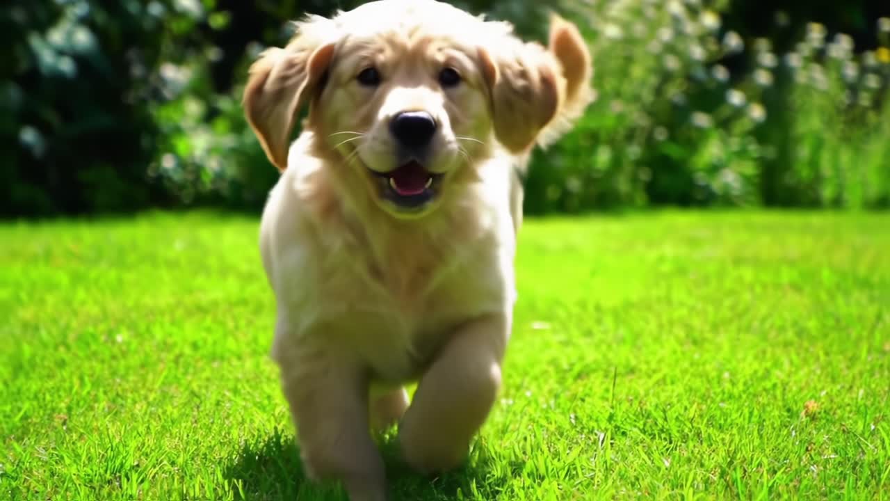 Adorable Golden Retriever Puppy Enjoying a Sunny Day, Playfully Running Through a Lush Green Lawn Surrounded by Blooming Flowers