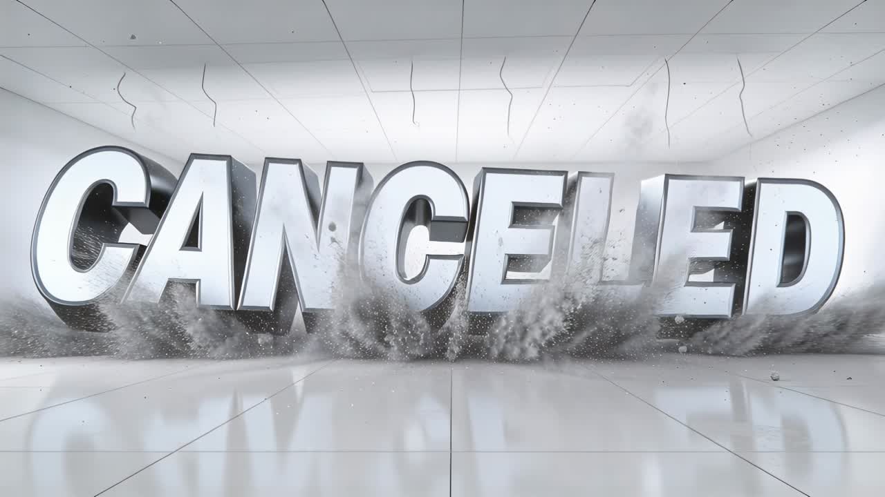 Un'esplosione dal pavimento spinge un grande cartello metallico "CANCELED" su piastrelle lucide, crepando il soffitto e sollevando polvere.