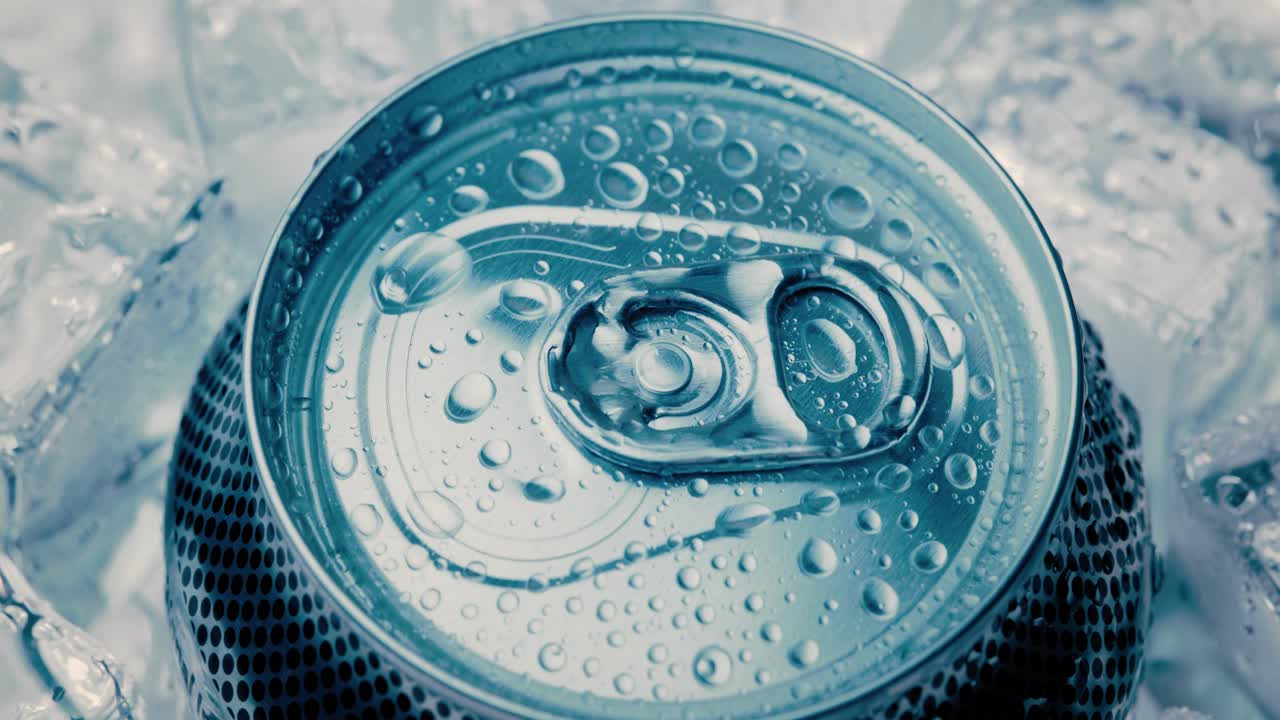la tapa de la lata de soda de aluminio de refresco con hielo da la vuelta al círculo.