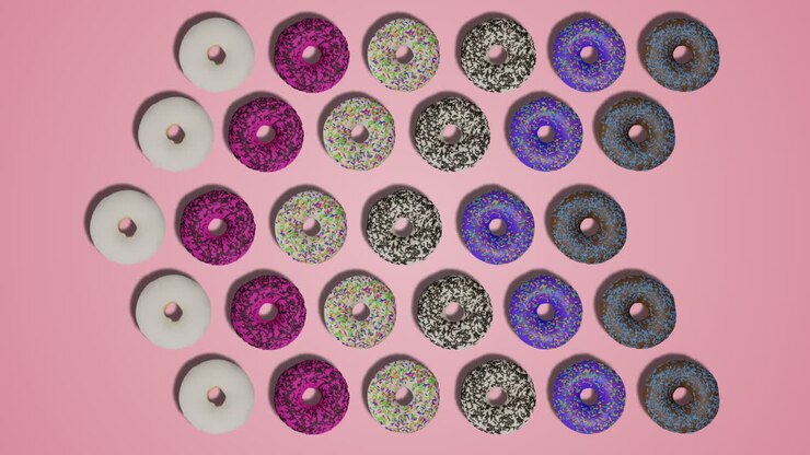 Pointer arrows made of colorful donuts with sprinkles and icing on pink abstract background