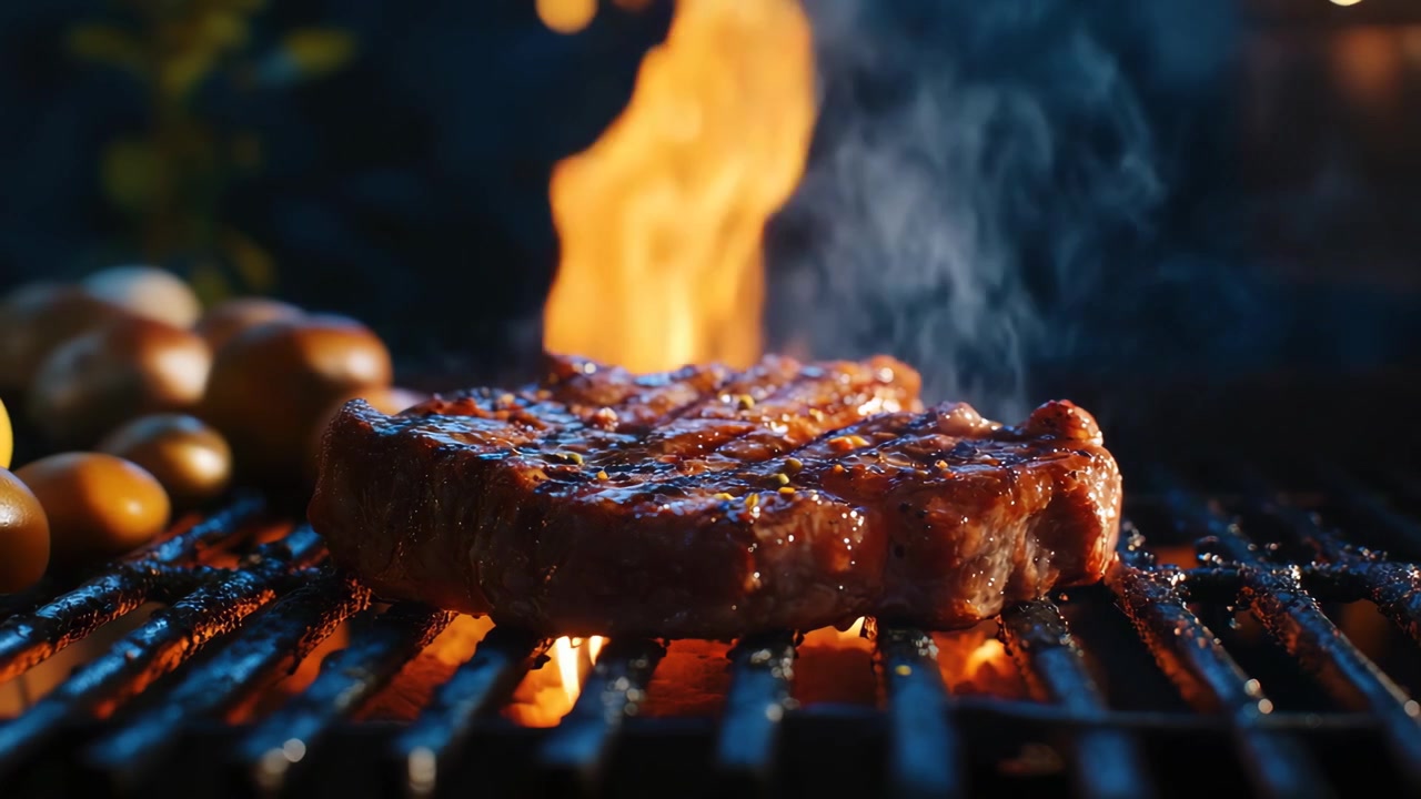 Squisita bistecca che sfrigola su una griglia calda con fiamme e fumo
