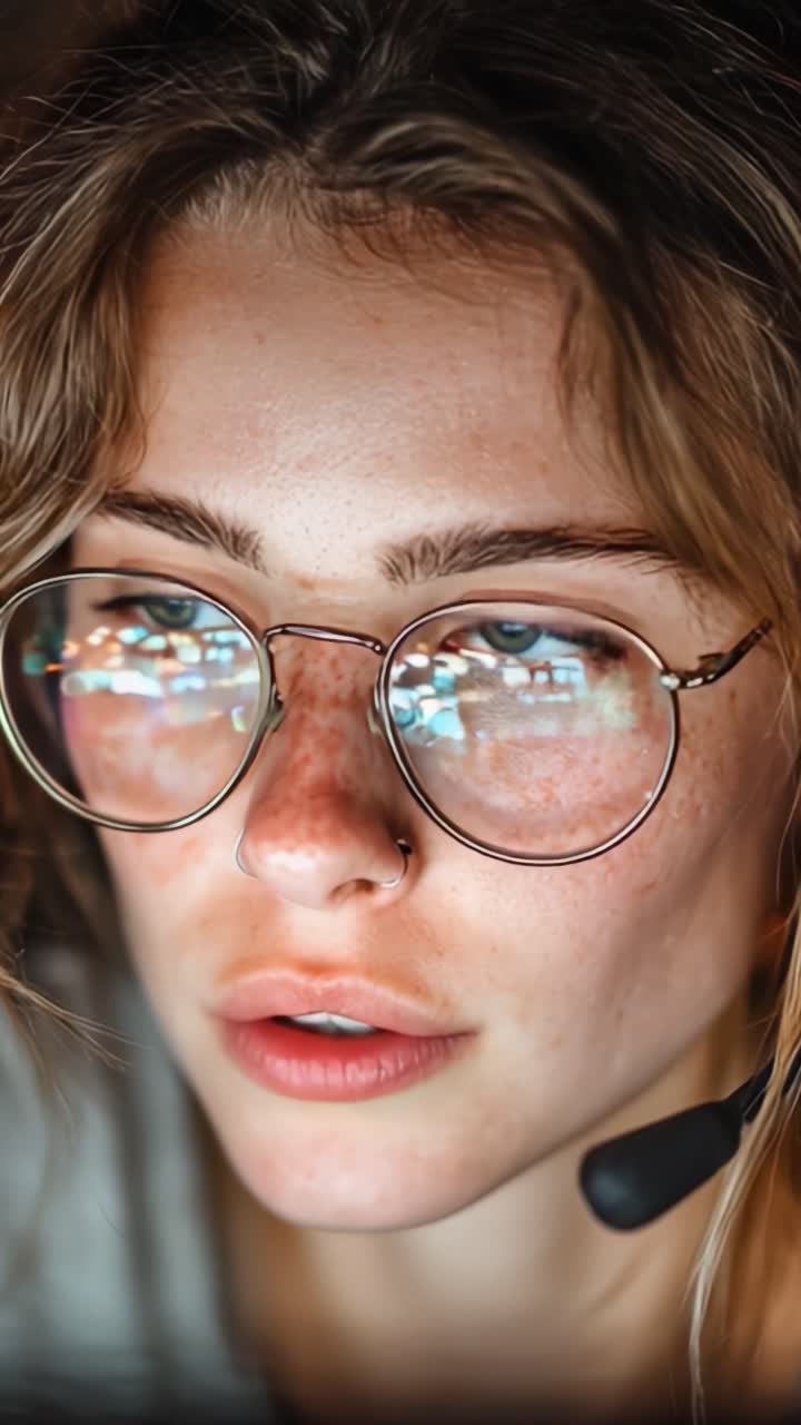 Concentrazione profonda: Un primo piano di una giovane donna con occhiali e cuffie immersa nei pensieri, che cattura la sua intensa concentrazione ed espressione