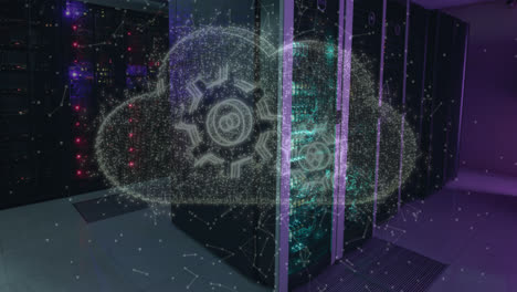 icono de nube y red de conexiones flotando contra la sala de servidores de computadoras