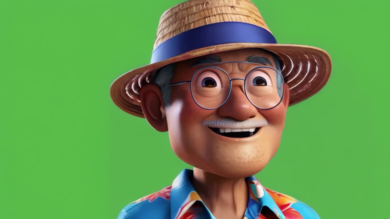 Um senhor asiático com um chapéu de palha e óculos está sorrindo.