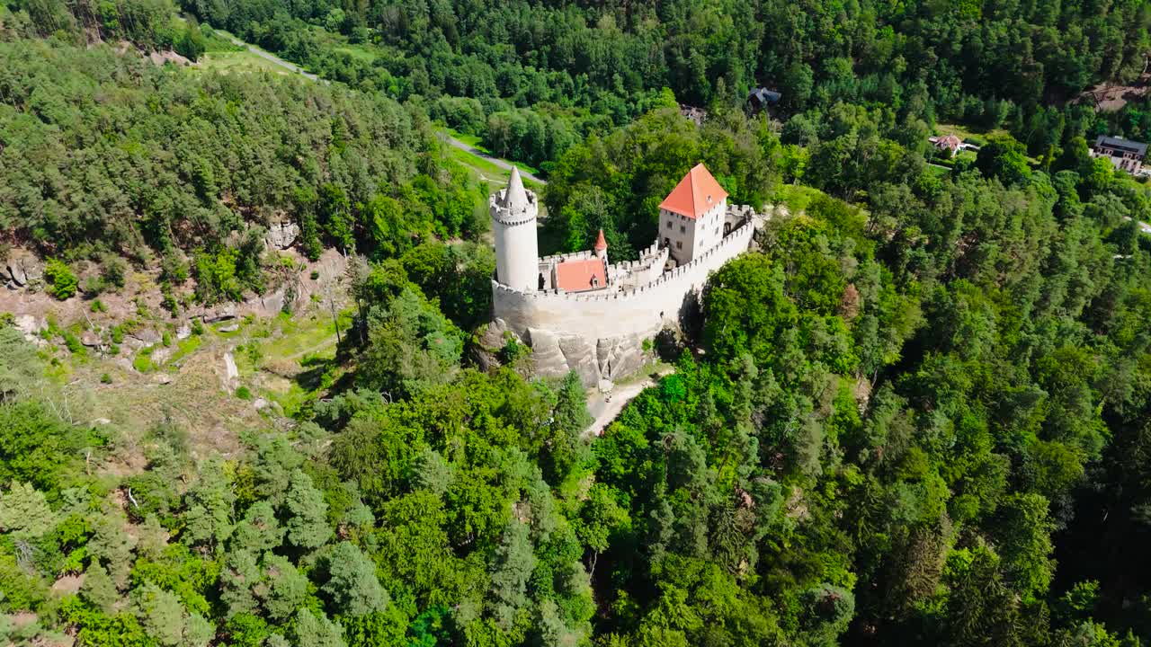 High altitude view of Kokorin castle tower and wall structure, Czechia