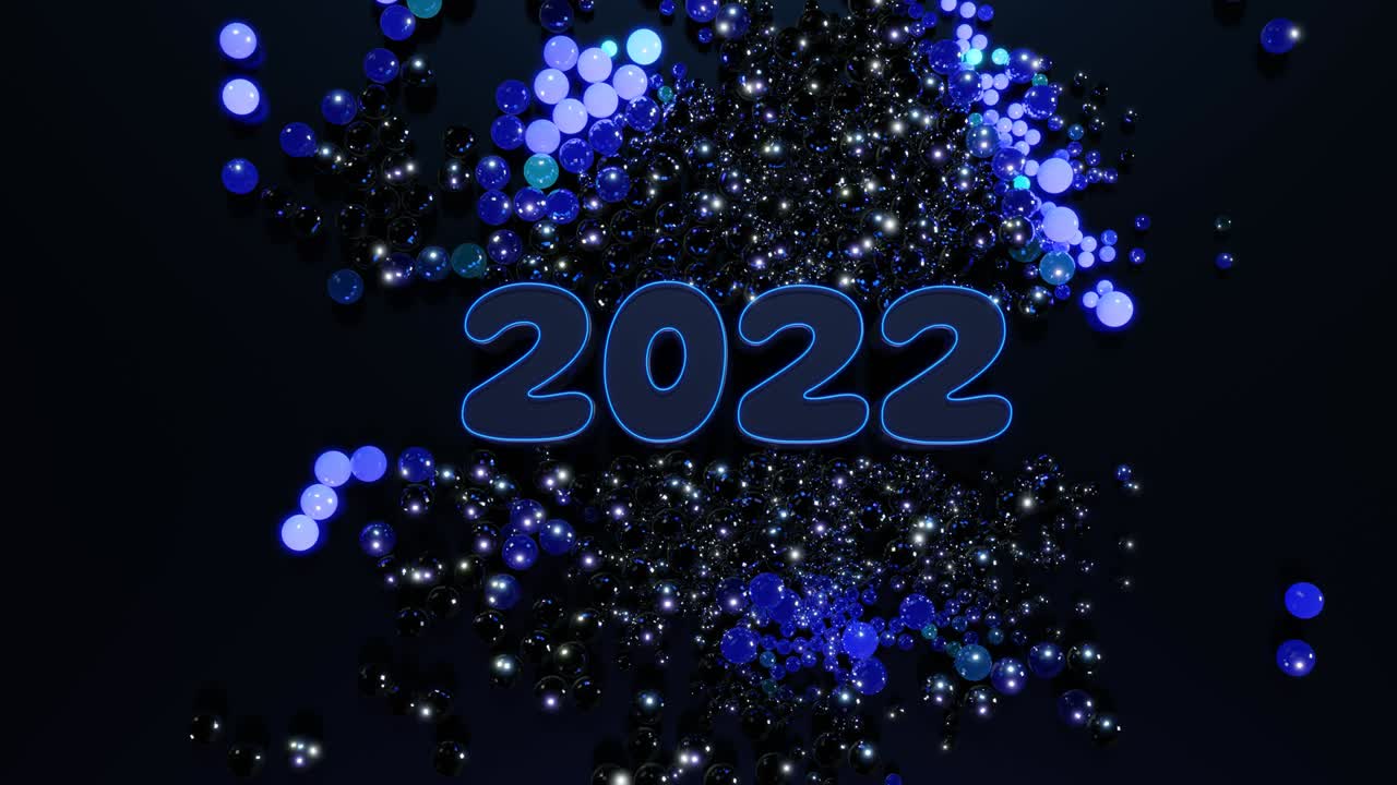 números de año nuevo en bucle 2022 y guirnalda de navidad de bolas o esferas esparcidas en el plano, que se iluminan de azul púrpura y forman un hermoso patrón. composición de navidad 4k con luz de neón