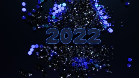 looped new year's bg. numbers 2022 and christmas garland of balls or spheres scattered on plane, which light up blue purple and form a beautiful pattern. 4k christmas composition with neon light
