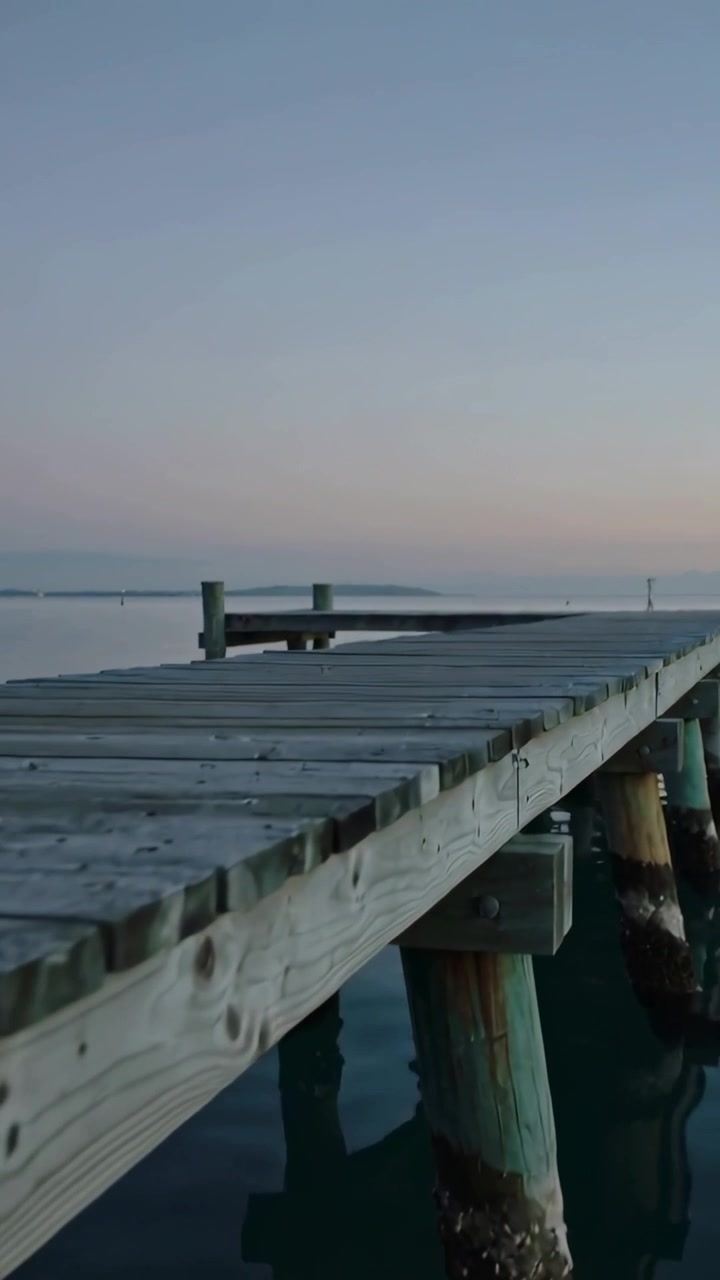 Vertical video: Camera pulling back along pier showing barnacled pilings over calm bay at dusk