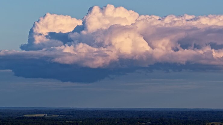 Static shot of massive, sun-drenched clouds towering above a dark, endless forest landscape