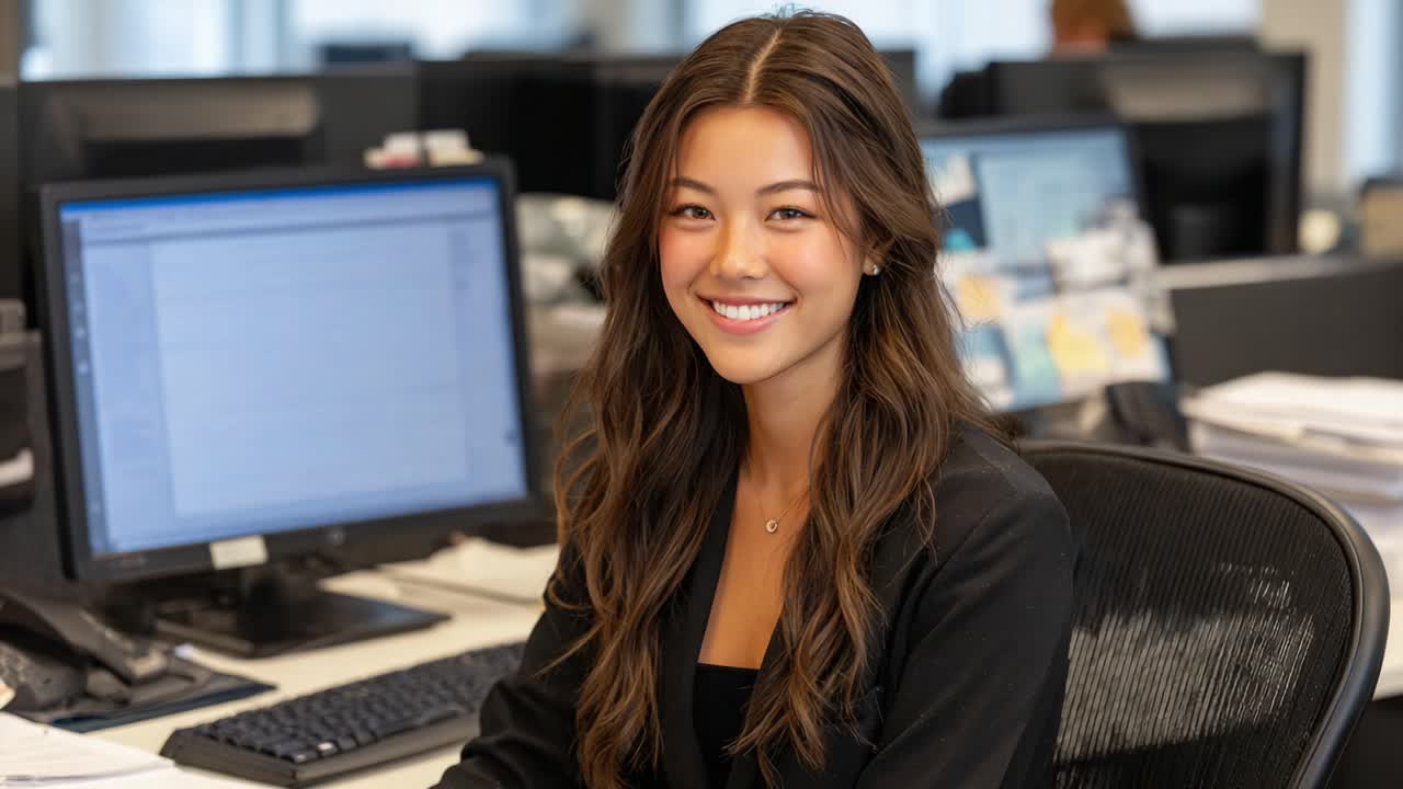 A Professional Smiling Young Woman in an Office Environment, Captured in Two Frames, Showcasing Confidence and Positivity Amidst a Busy Work Setting