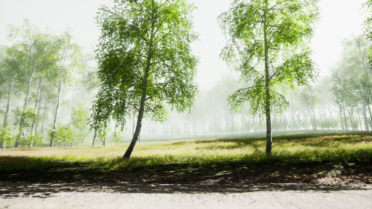 안개 가득 한 버드 숲 의 풍경