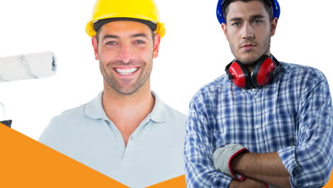 animación de un trabajador caucásico con los brazos cruzados sobre un trabajador caucásico sonriente