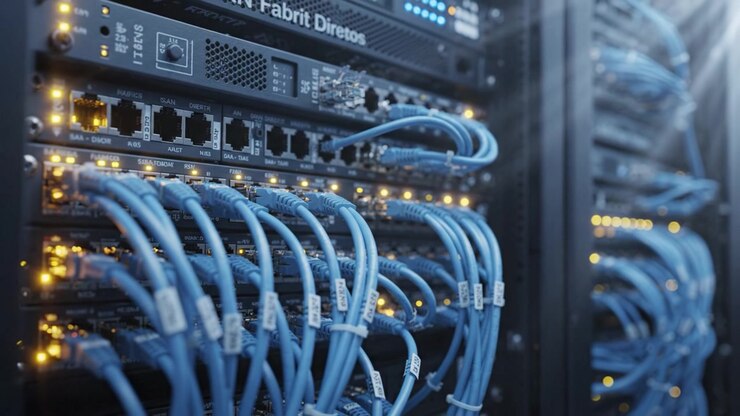 Close-Up of Network Server Rack with Blue Cables and Illuminated Connections in a High-Tech Data Center, Showcasing Modern Connectivity Solutions and Infrastructure