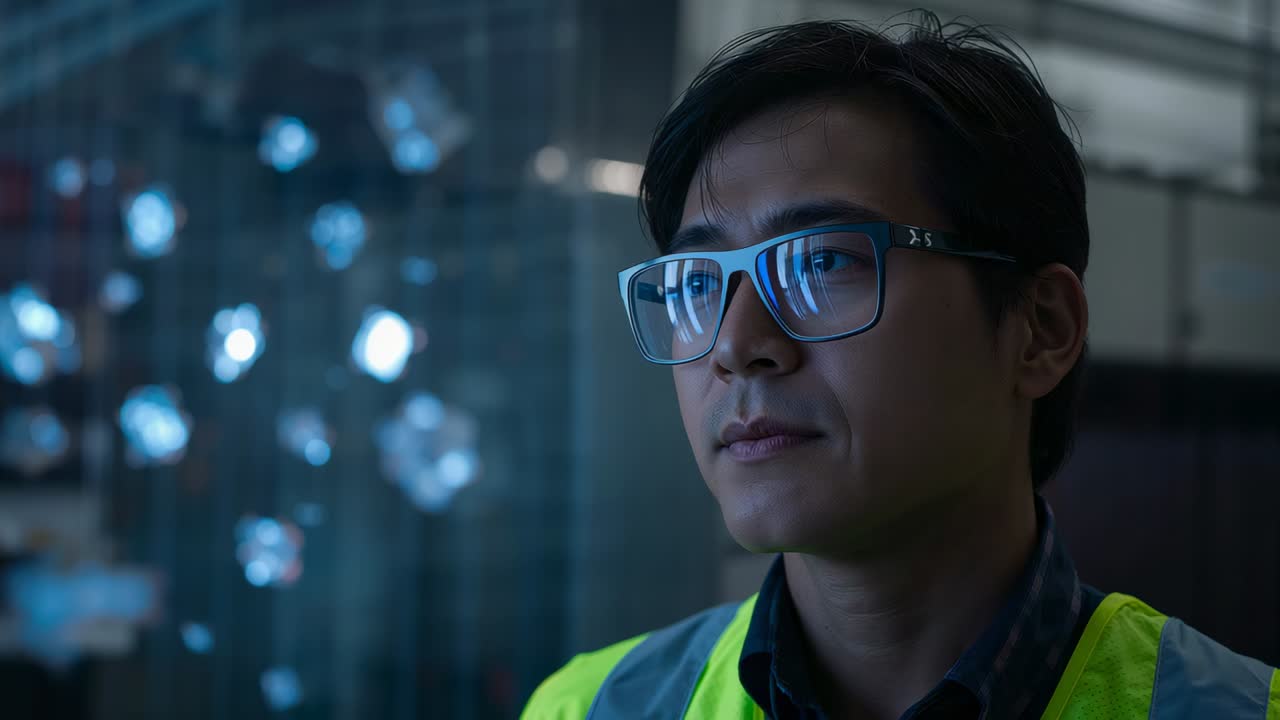 LED array drawing tech's gaze, pausing, inspecting display in lab, wearing hi-vis vest, glasses