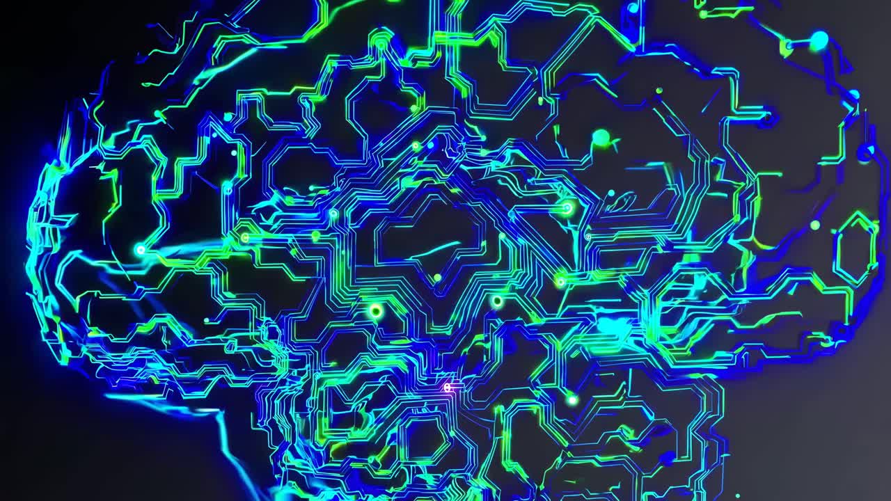 Abstract Digital Brain with Glowing Circuits and Neural Activity